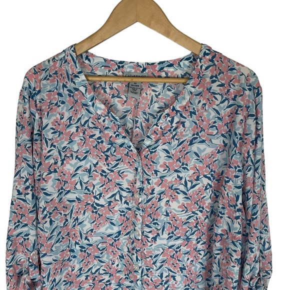 Catherines Blue Pink Floral Top Blouse Button Up 3/4 Roll Tab Sleeves Plus 3X‎ - Picture 2 of 9
